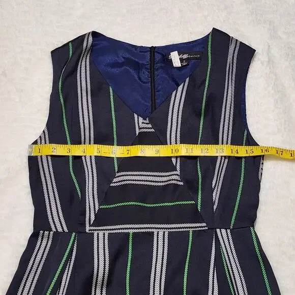 Beautifully Couture Blue Green Striped Sleeveless Lined V-Neck Dress, Small - Picture 6 of 8